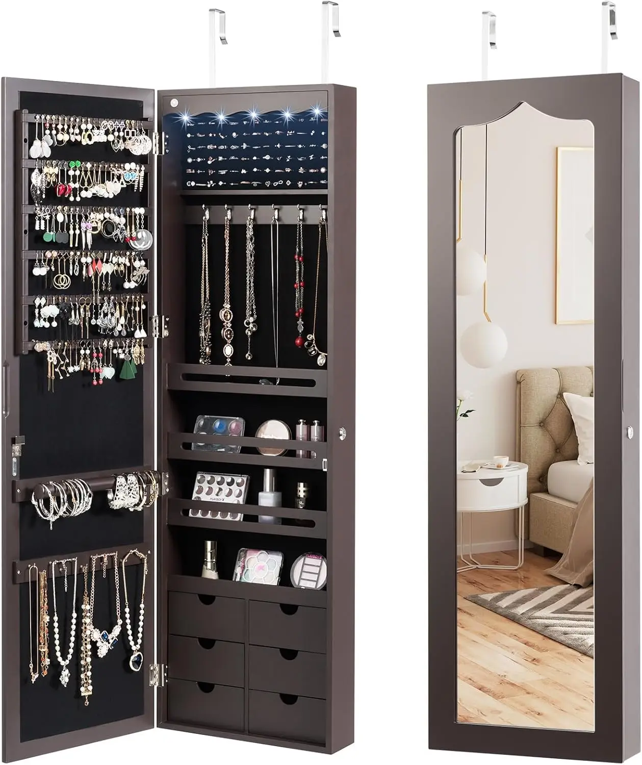 

5 LED Lights Jewelry Cabinet, Lockable Wall/Door Mounted Jewelry Organizer with Full-Length Mirror & 6 Drawers, Hooks, Large Cap