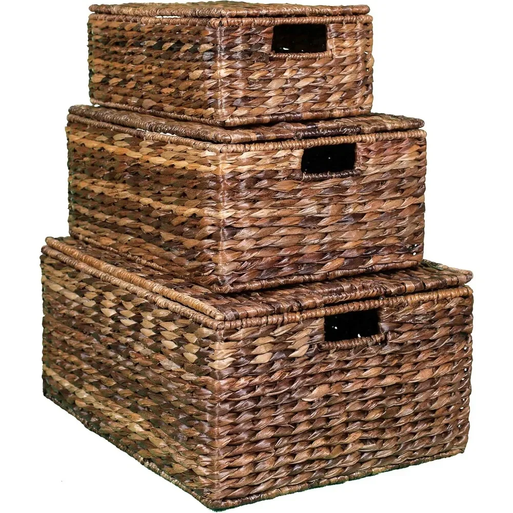 Nesting Baskets Set of 3 - Handwoven Storage Baskets w/Handles - Box Organizer for Household, Towels, Clothes, Nursery