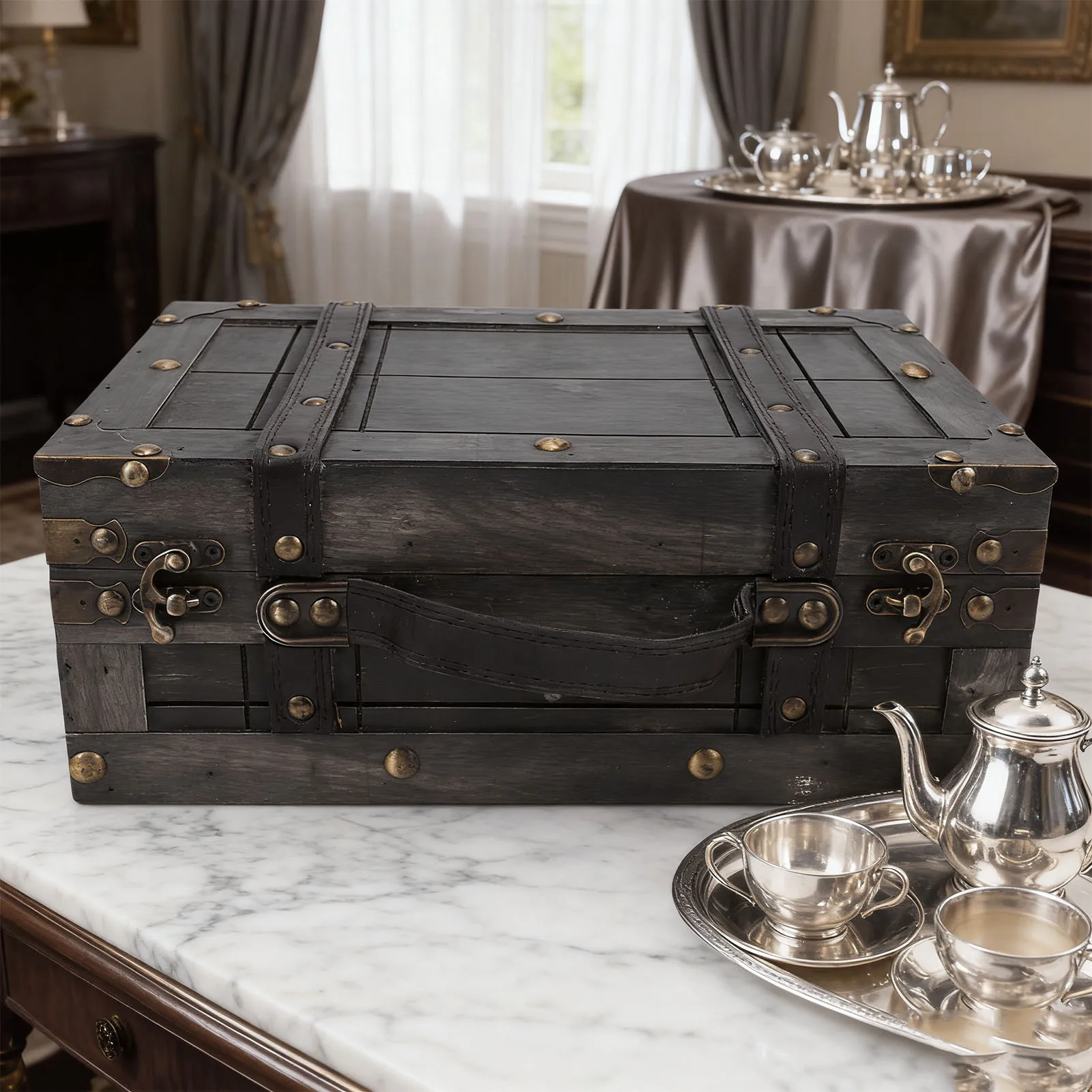 

Деревянный сундук для хранения, винтажный деревянный ящик с крышкой, ретро-чемодан, портативный контейнер, реквизит для фотосессий в стиле ретро, размер S