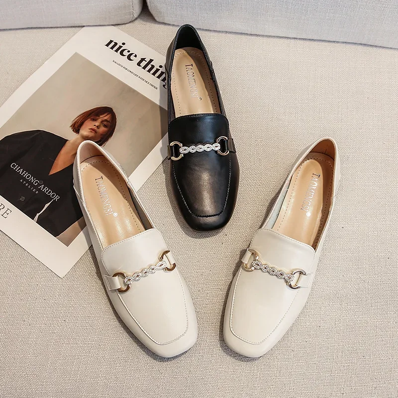 

New Women Fashion Pumps OL Rhinestone Chain Square Heel Ladies High Heels Shoes Big Szie Leather Slip-on Loafers