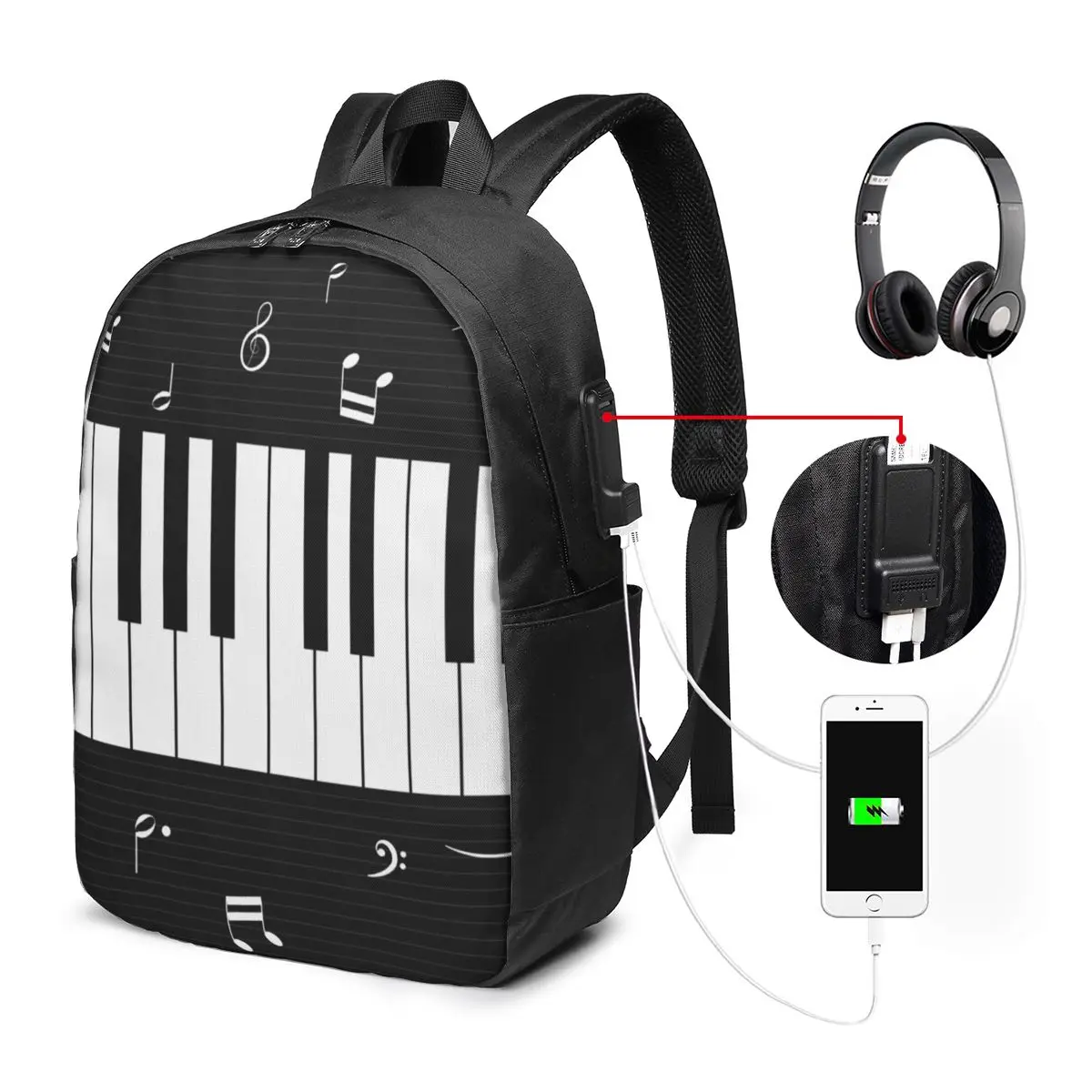 Music Note Piano Key Backpack Travel Notebook Bag Computer College Student School Bag Laptop Shoulder Bags for Men Women