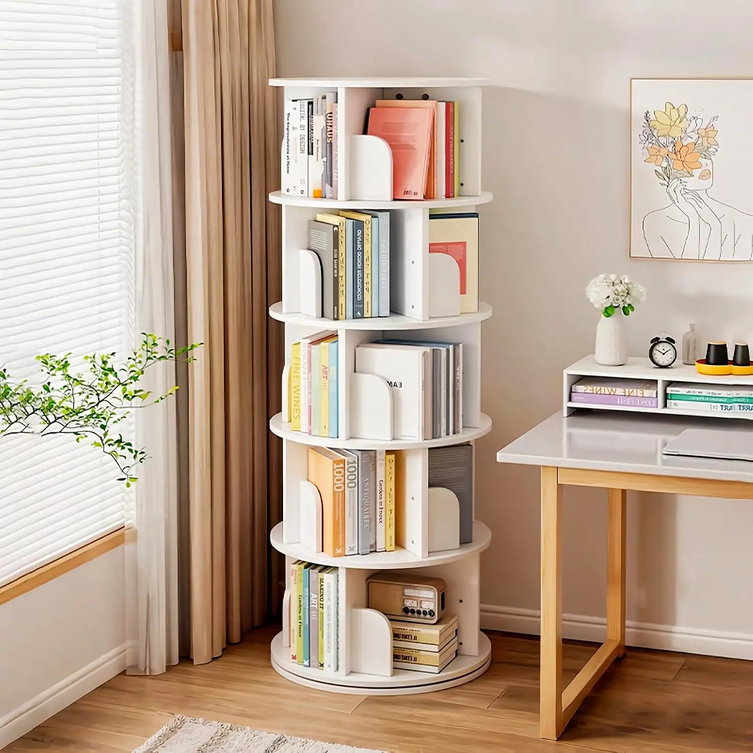6 Tier Rotating Bookshelf Round Spinning Storage Shelf with Wheels for Home Office, Customized