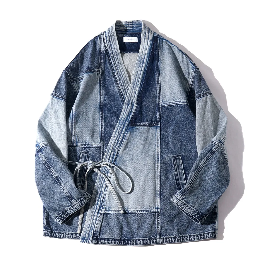 

Blue V-neck new Chinese design asymmetrical splicing denim jacket for men spring autumn baggy handsome street coat