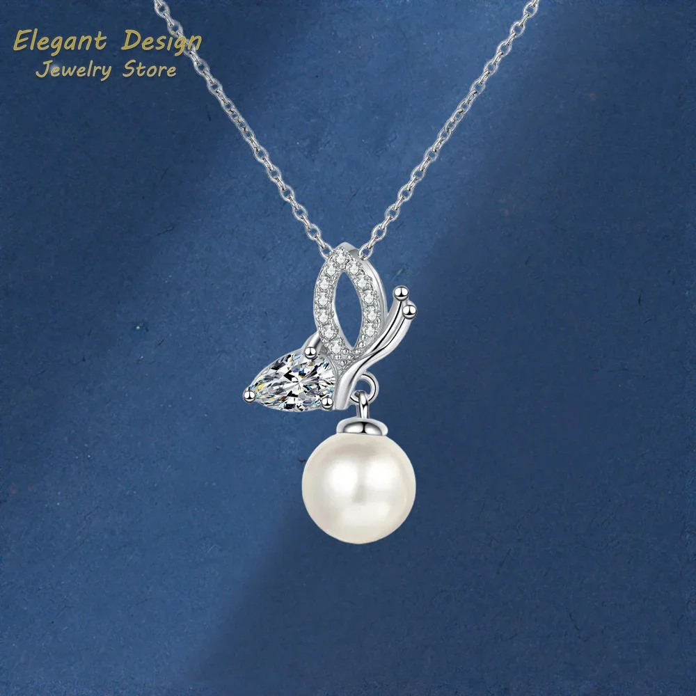 

Elegant 0.56ct Moissanite Diamond Butterfly Pendant, Sweet 8mm Freshwater Pearl PT950 Platinum Necklaces for Women Girl Jewelry