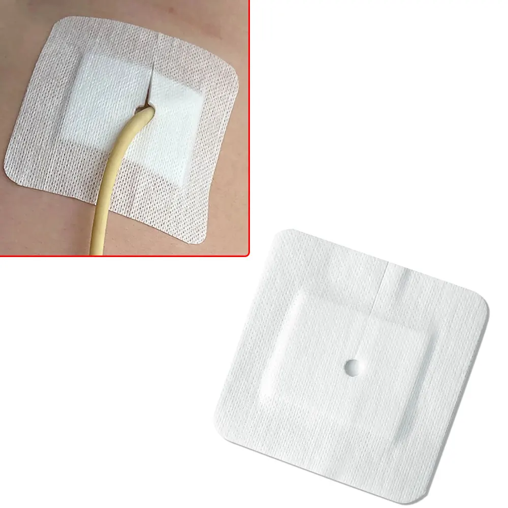 

5Pcs Medical Drainage Tube Sterile Wound Dressing Non-Woven Patch with Hole for Renal Puncture Urinary Catheter Fixation