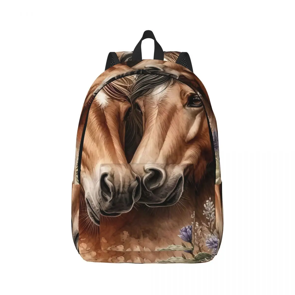 Lilac Cute Student Backpack Center Desert Horse Cactus Flower Watercolor Western Brown Green Purple Daypack for School Daily Gym