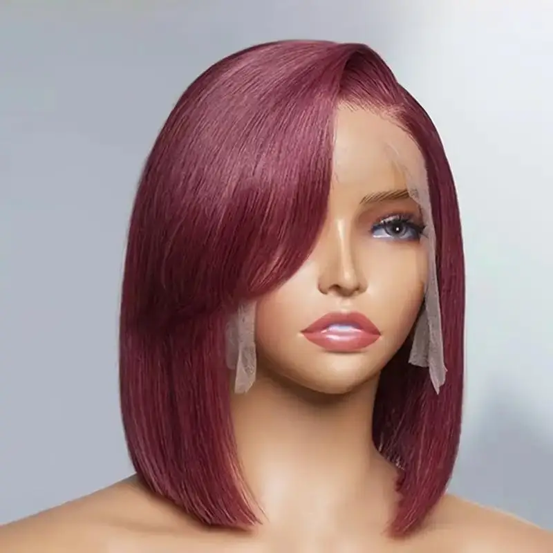 

Clearance Sale: 99J Burgundy Straight Hair 13x4HD Transparent Lace Front Pre-Pulled Human Hair Wig, Suitable for Women's Bob Wig
