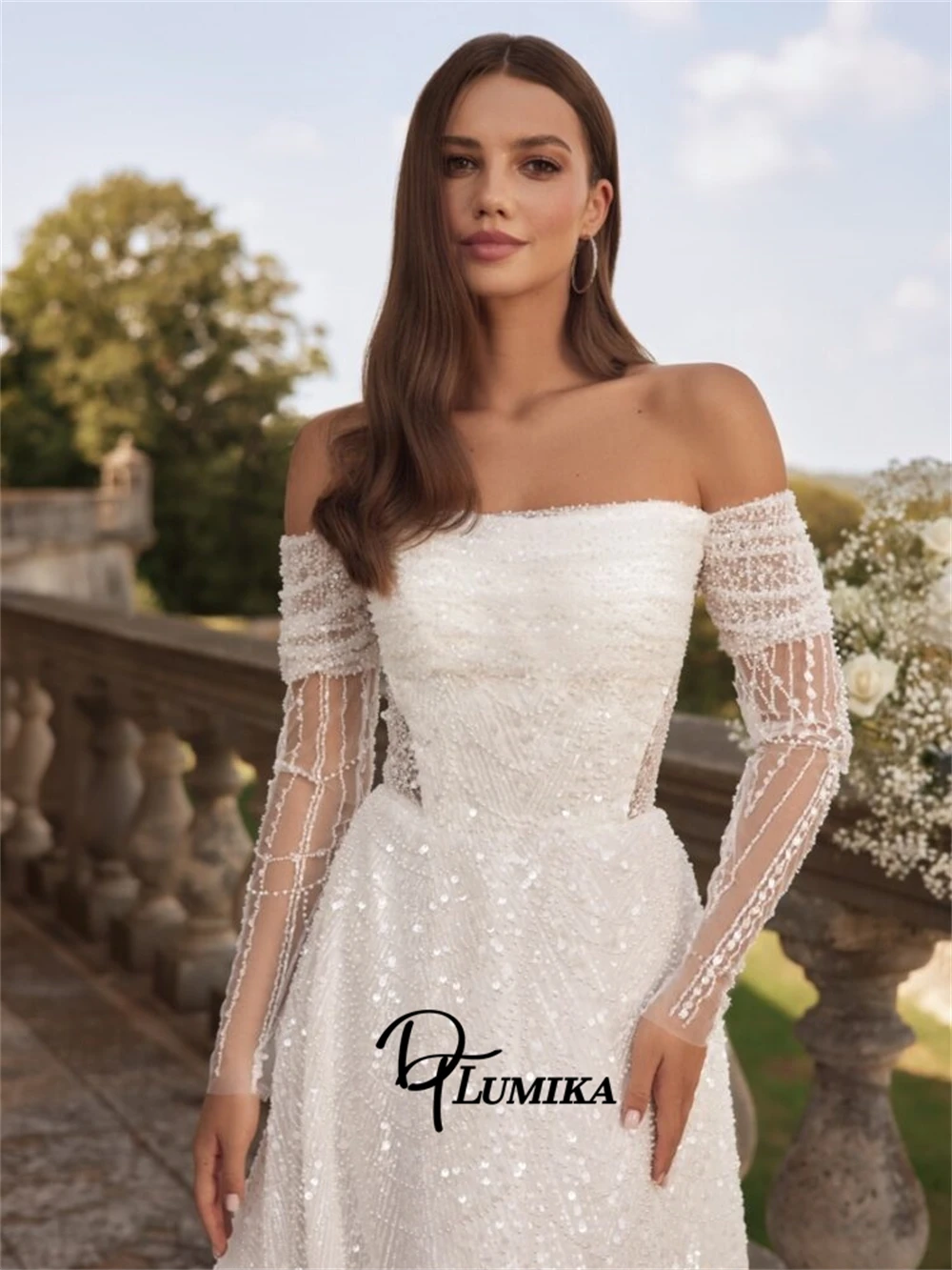 

DTLumika Off Shoulder Sequined Lace Bride Dresses with Court Train Sheer Waist Long A Line Wedding Dress Customized Bridal Gown