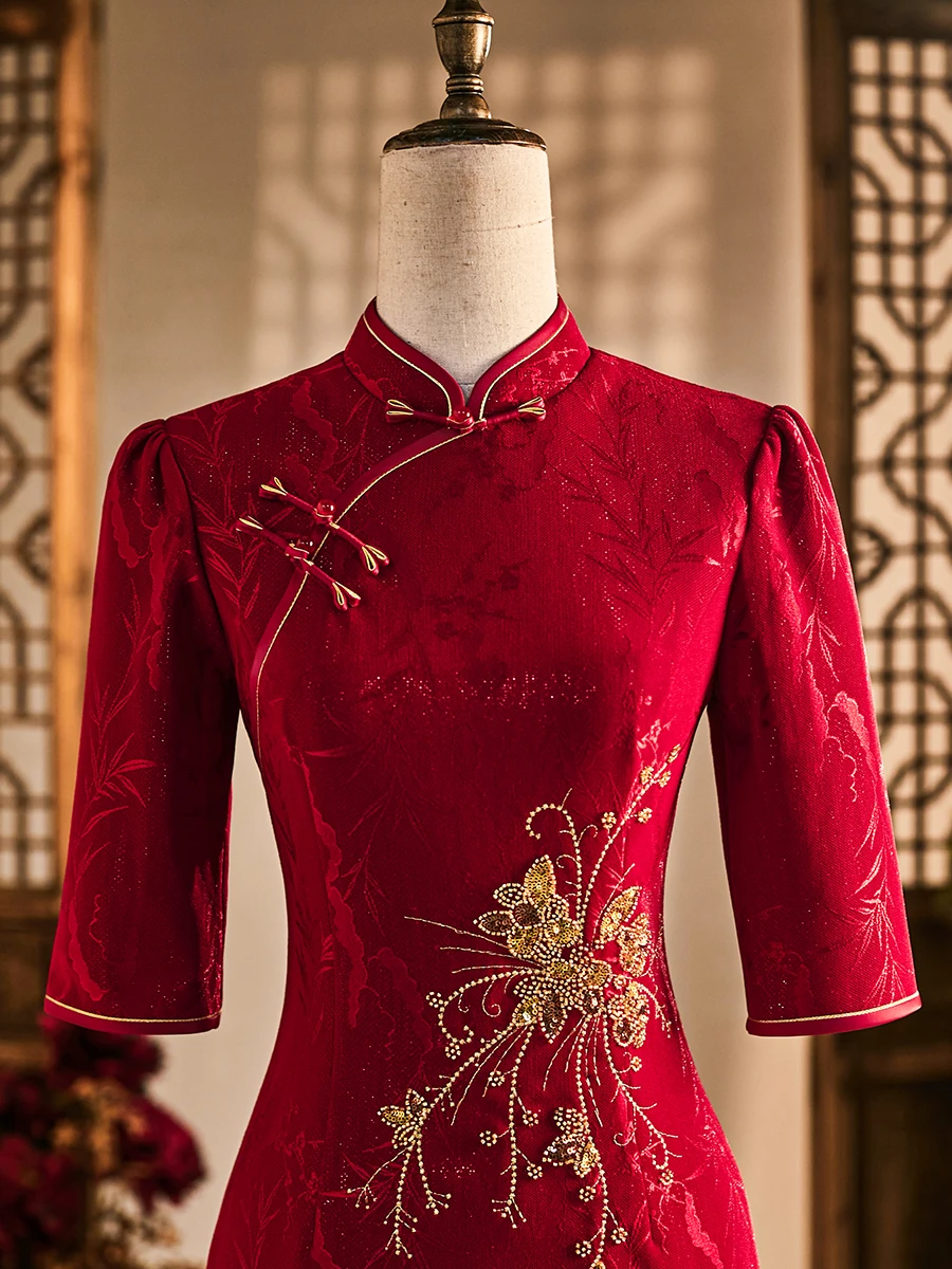 

Ele Red Wedding Qipao for Bride New 2026 Cus Made Ceremony Clothes Chinese Sle acious eat Aosphere