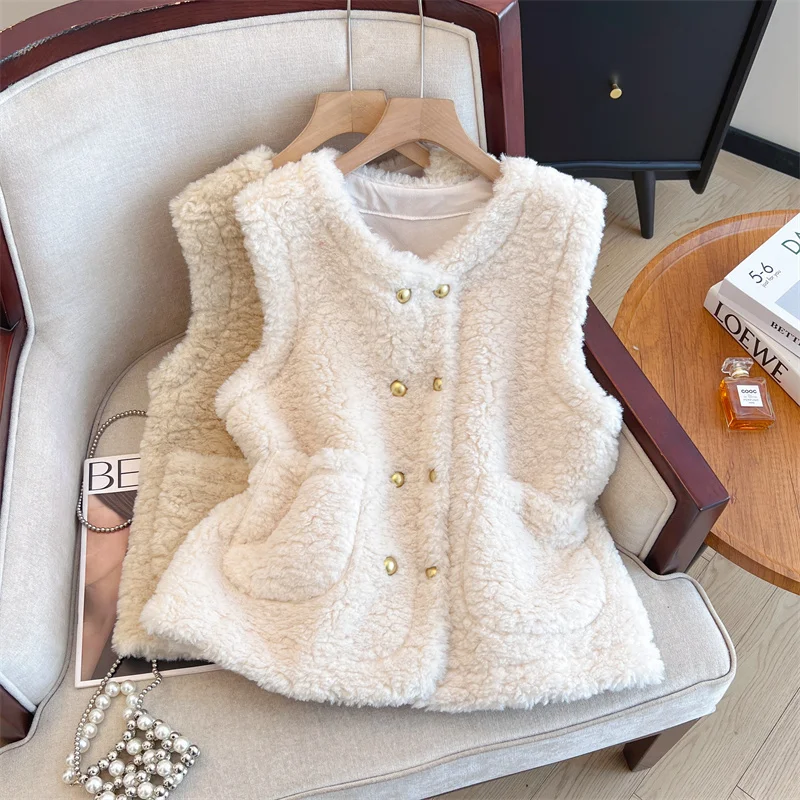 

Lamb Fur Vest Thiened Autumn Winter Women's Faion Outerwear Commute Sle Pure Color Inner Wear Large Size Top