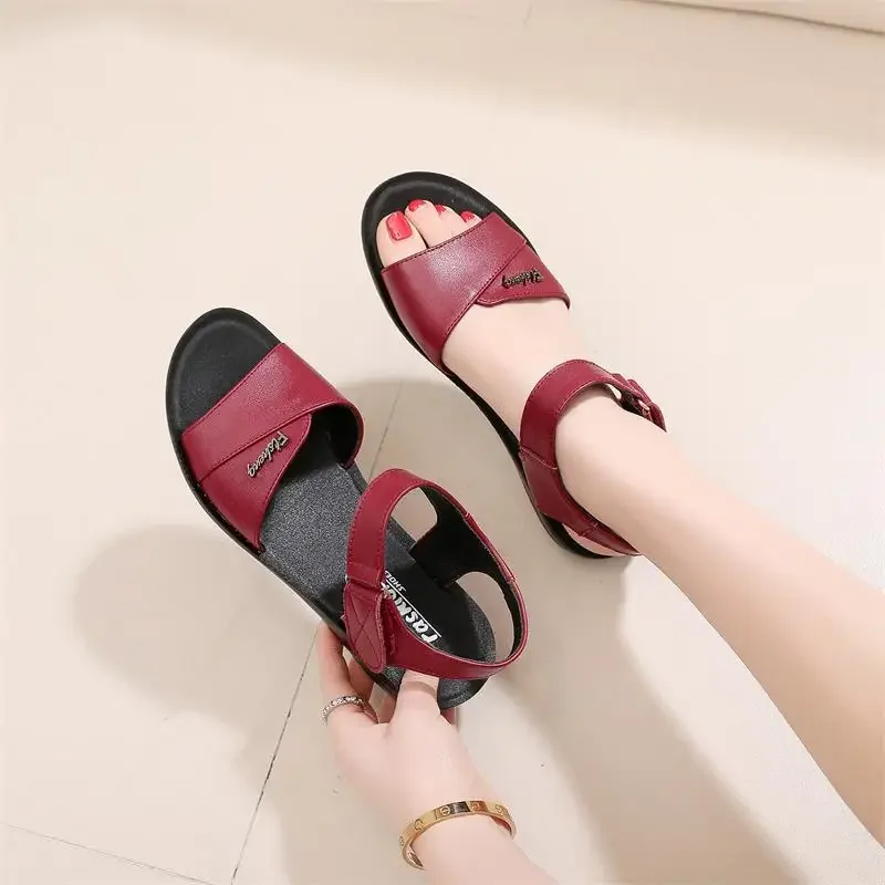 Summer Fashion Genuine Leather Ladies Sandals middle-aged non-slip flat comfortable old shoes large size Soft bottom women shoes