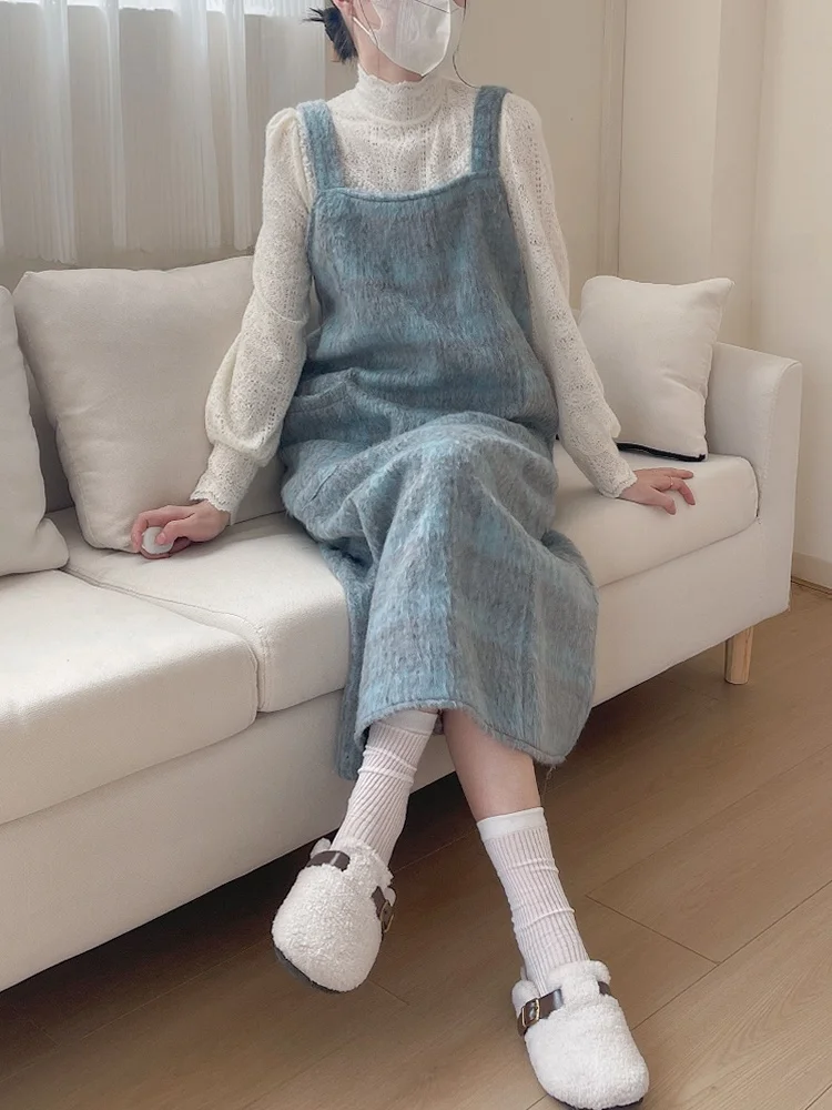 

Клетчатая юбка, многослойный кружевной топ, комплект из двух предметов, зимний шерстяной свободный ретро-корейский цветной воротник Dr