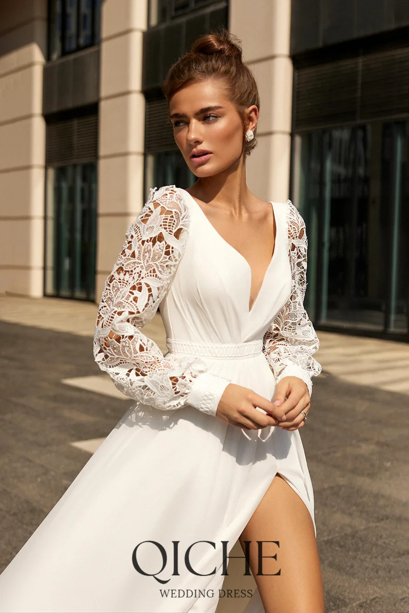 QICHE عميق الخامس الرقبة الدانتيل كم طويل فساتين الزفاف مخصصة ألف خط الجانب عالية الشق فستان زفاف مشد الظهر vestidos de novia