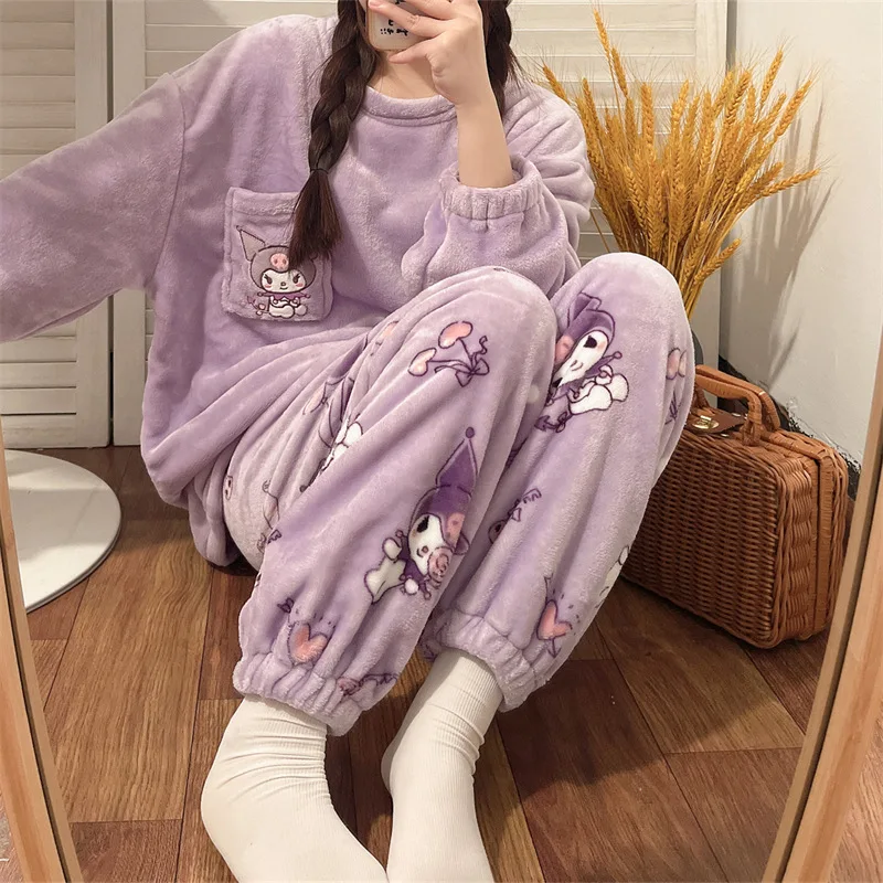 Pijama Sanrio de franela para mujer, figura de dibujos animados, dulce corazón femenino, Otoño Invierno, terciopelo Coral, conjunto de ropa de casa para estudiantes con pantalones