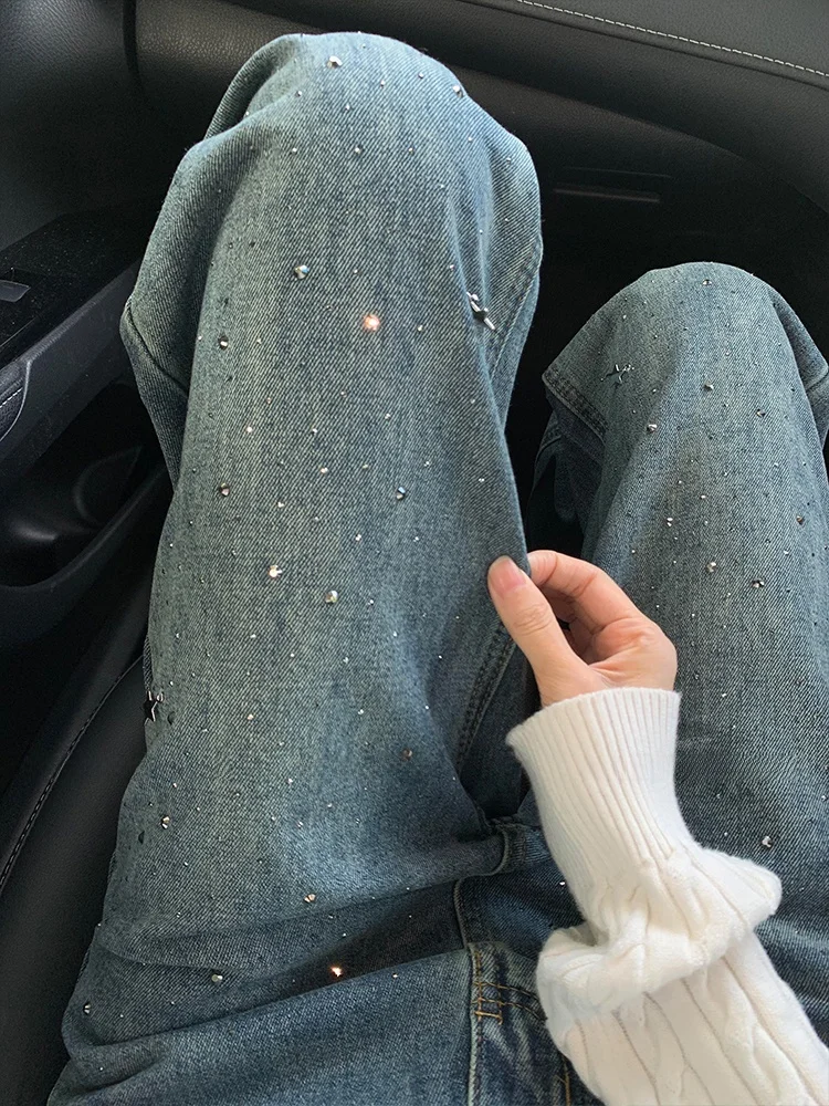 

High Waist Straight Leg Diamond Embellished Wide Leg Jeans Women's Slimming Floor Length Denim Pants Vintage Style Spring Autumn