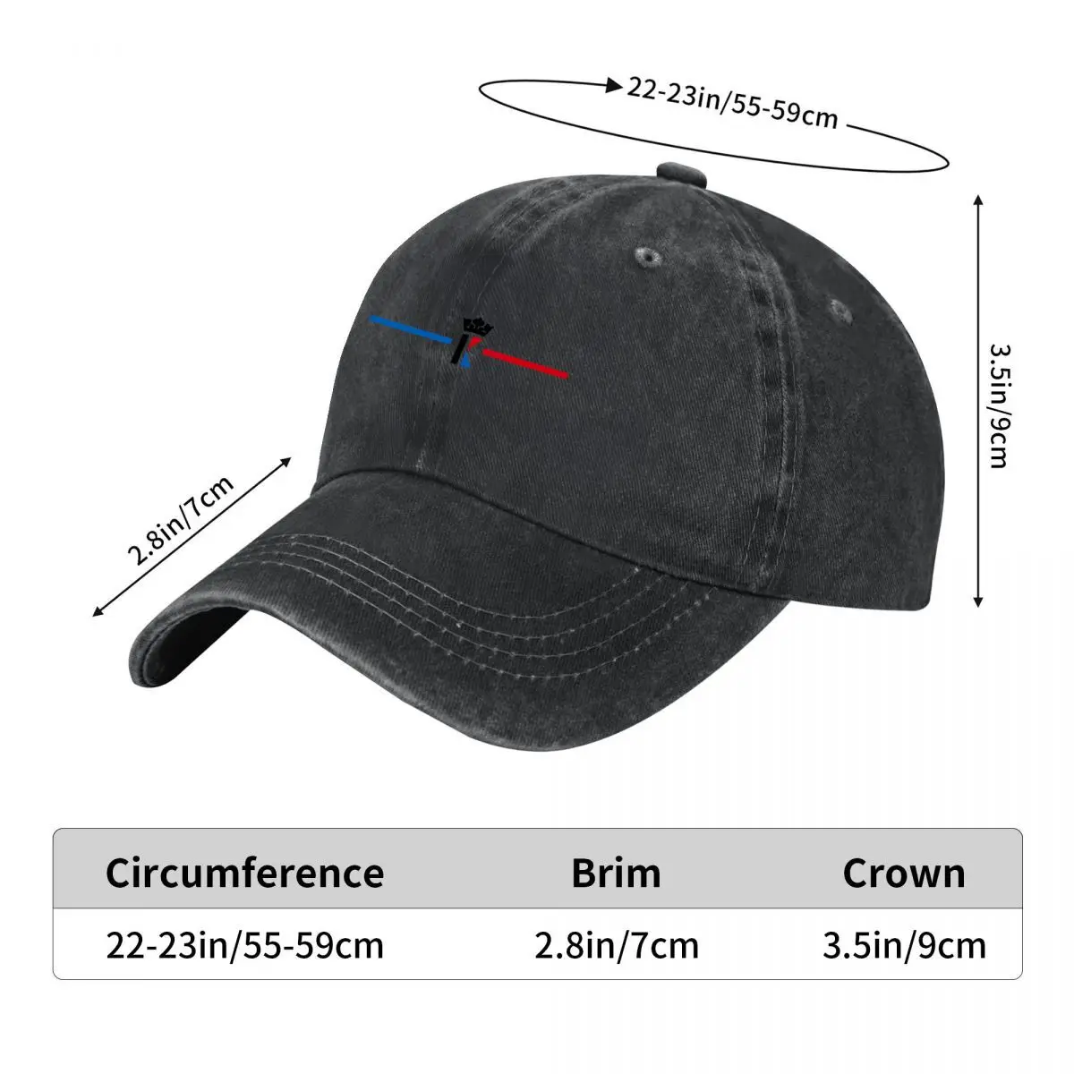 Crown Letter K Red Blue Horizontal Lines Symbol Washed Baseball Cap Outdoor Hat