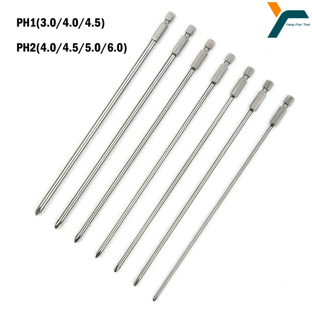 

7Pcs 6.35mm/1/4Inch Shank Cross Screwdriver Bits 200mm Long PH1 PH2 S2 Steel Magnetic Cross Head Bit Power Driver Tool