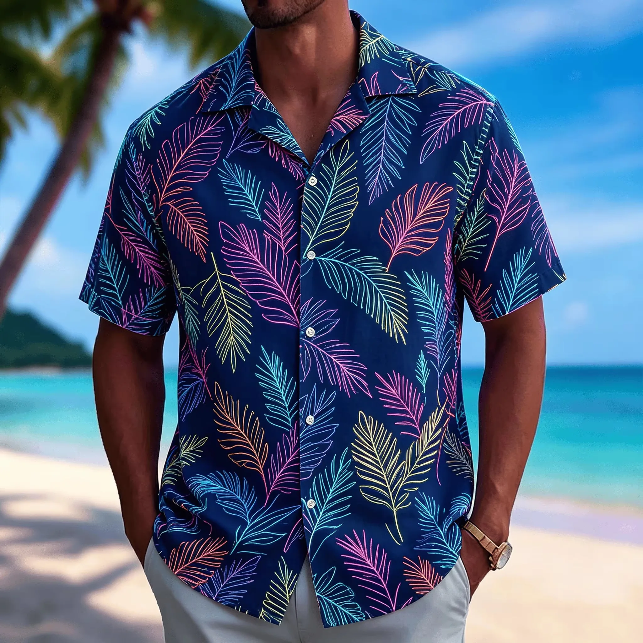 Bestselling Palm Leaf Printed Short Sleeved Shirt Men's Casual Hawaiian Button Up Top Tropical Beach Style for Spring and Summer