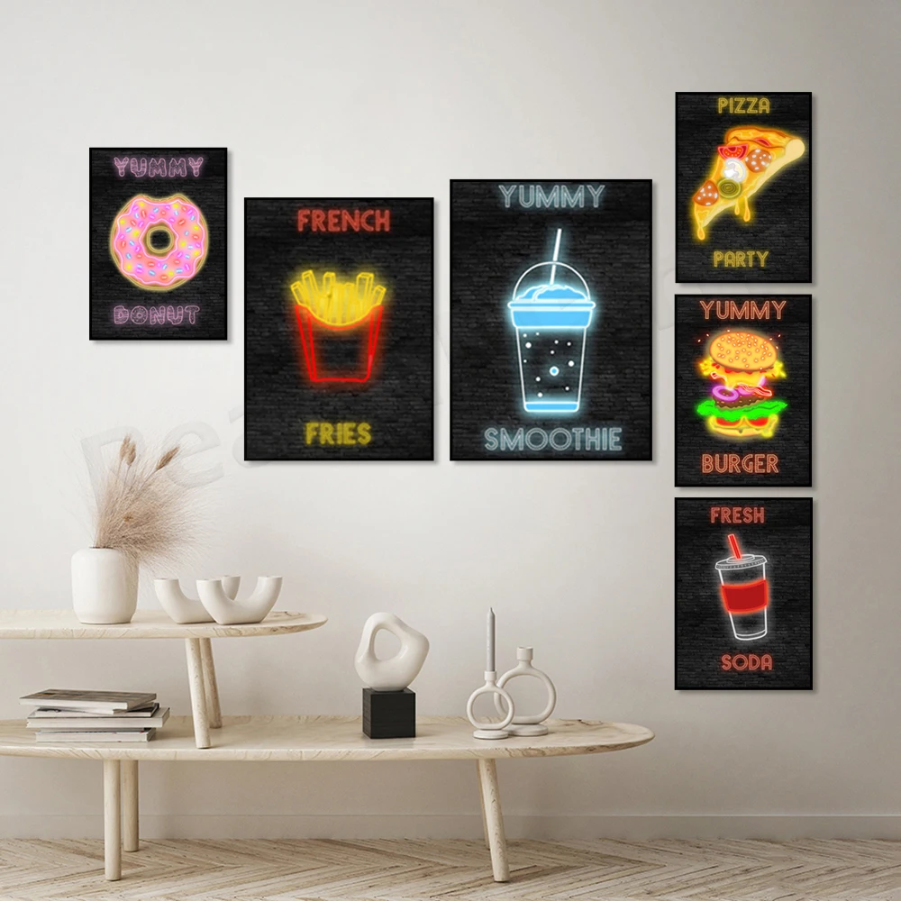 Cupcake, fries, smoothie, milkshake, soda, hamburger, donut, pizza neon effect art poster restaurant kitchen decoration