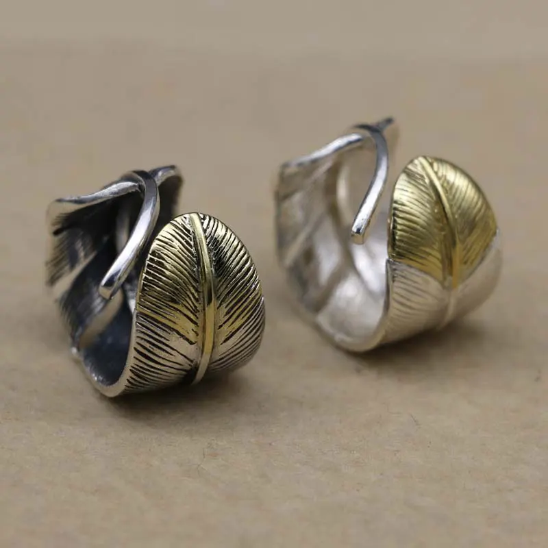 Japanese style fashion brand ornament open feather ring S925 sterling silver metal vintage ring men niello jewelry ornament