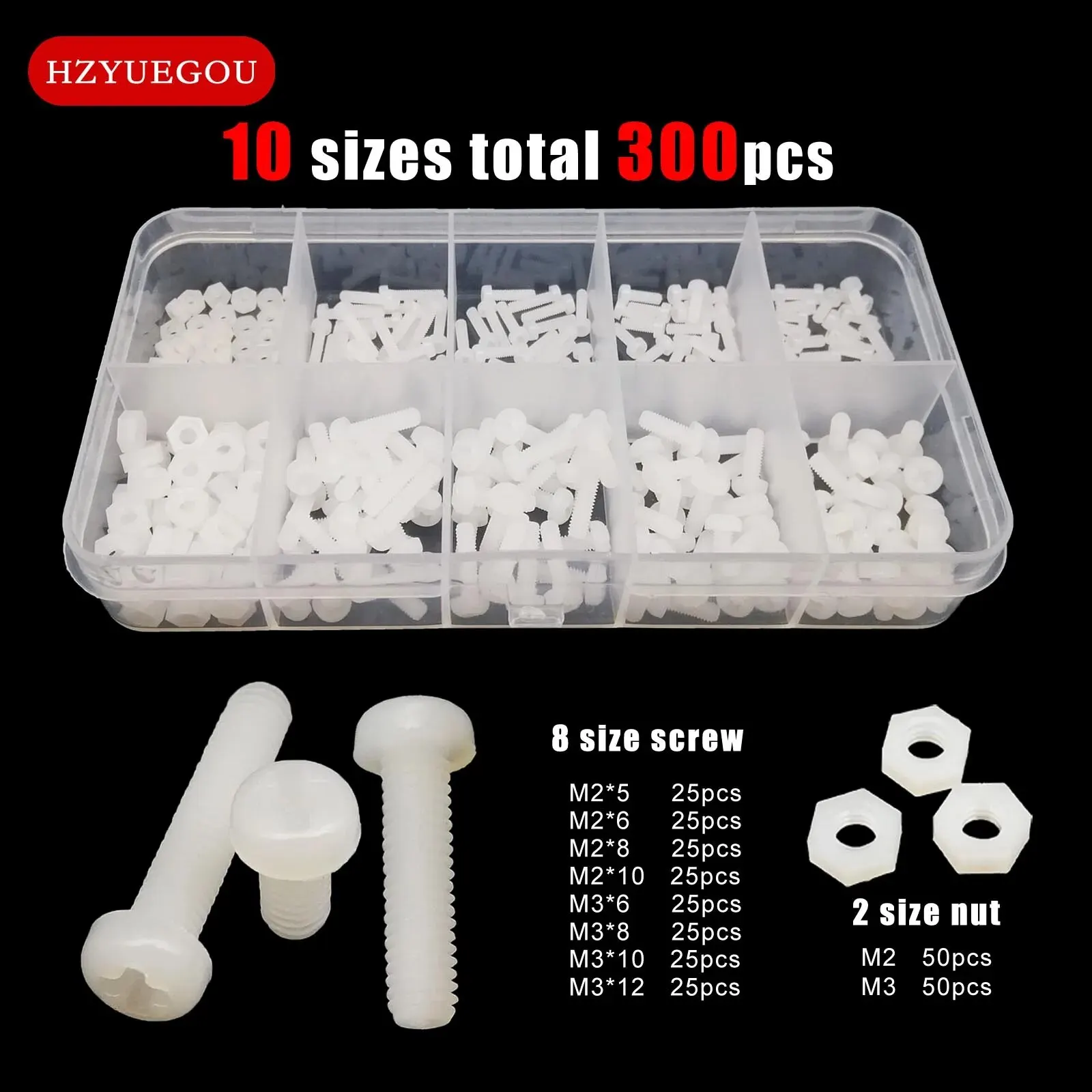 300pcs/box Nylon Plastic Insulated Phillips Pan Round Head Bolt Screw Nut Mix M2 M3 10 Sizes Assortment Kit Set White Color