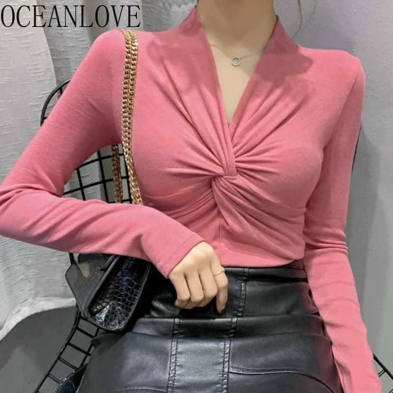 OCEANLOVE-Camiseta com nó feminino, gola V sólida, tops sensuais, moda coreana, básico simples, primavera, outono