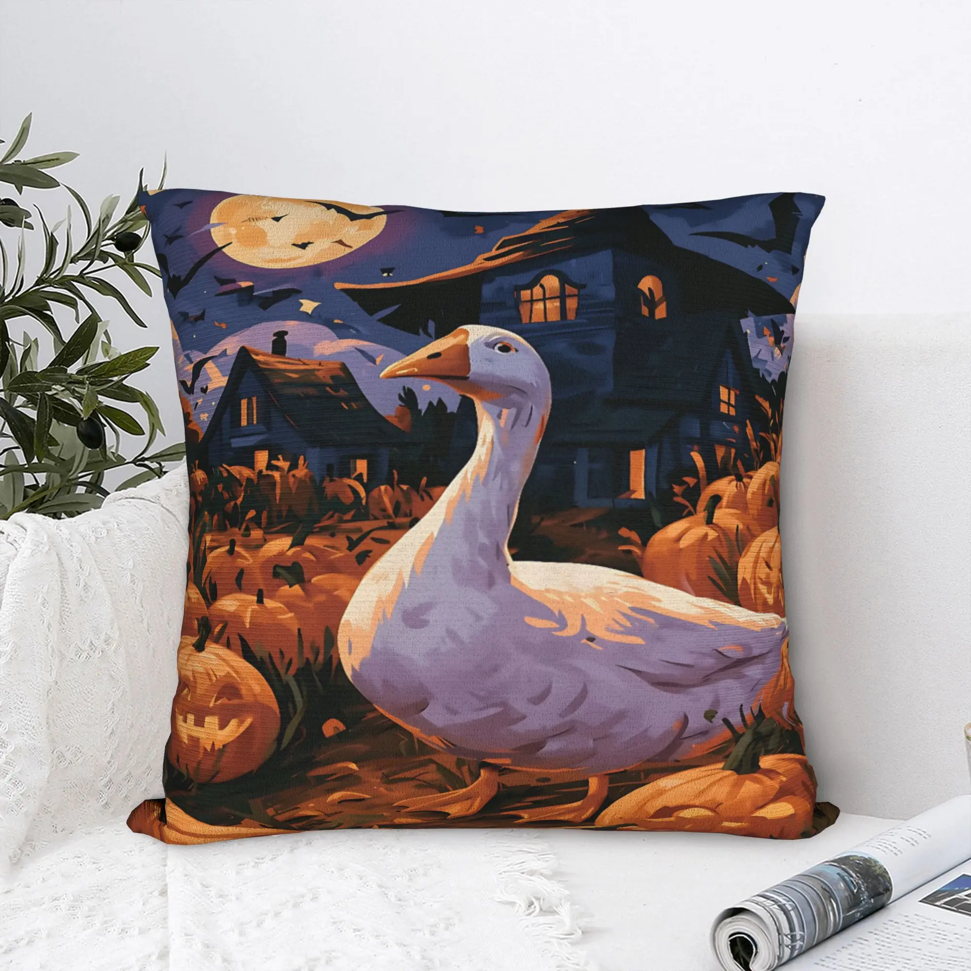 Spooky Goose Halloween Square Pillow Covers Polyester Bed Car Pumpkin Bats Cushion Cover Cute Decorative Throw Pillow Case 45*45