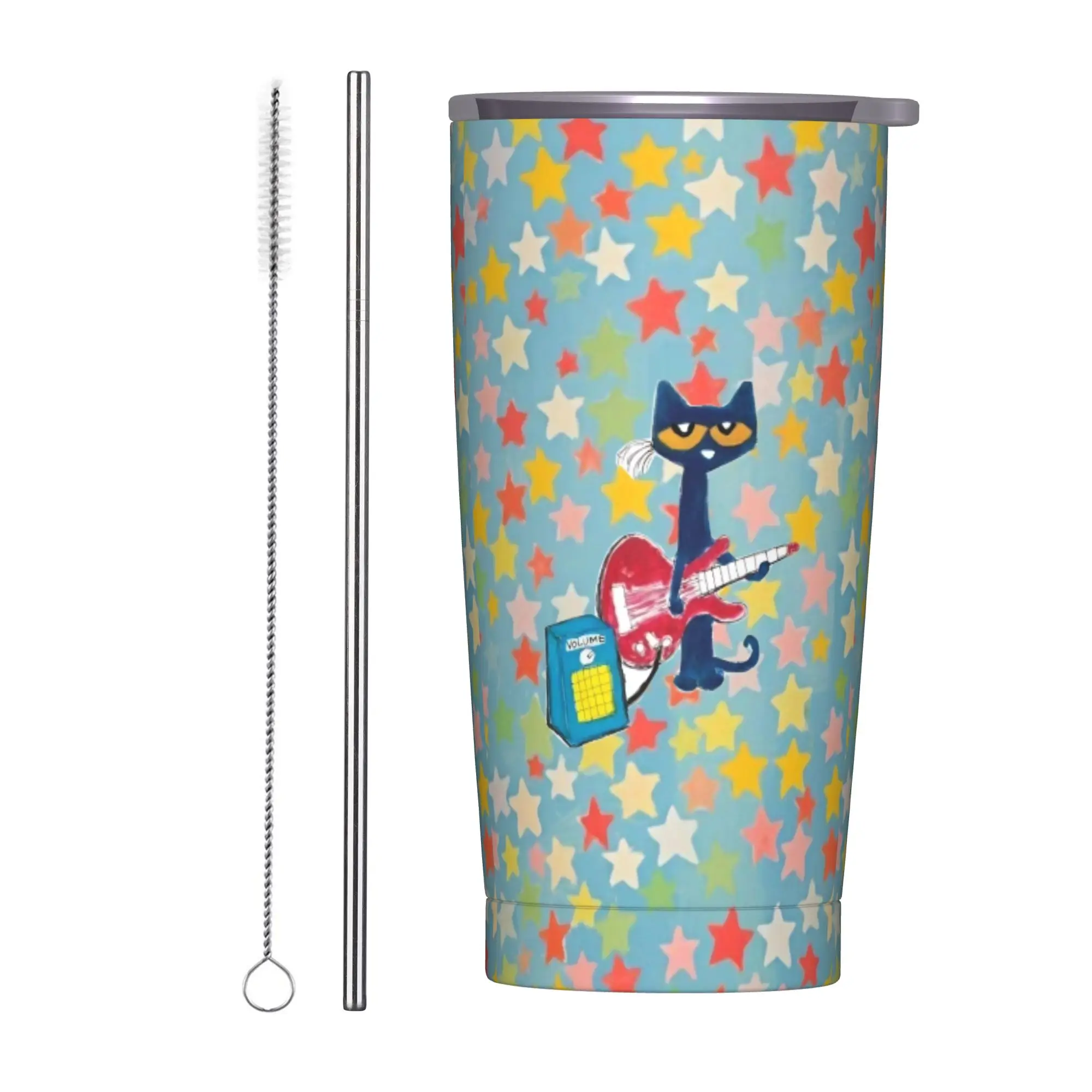 Pete The Cat Stars Insulated Tumbler with Straws Lid  Vacuum Coffee Mugs Office Home Bottle Cups, 20oz