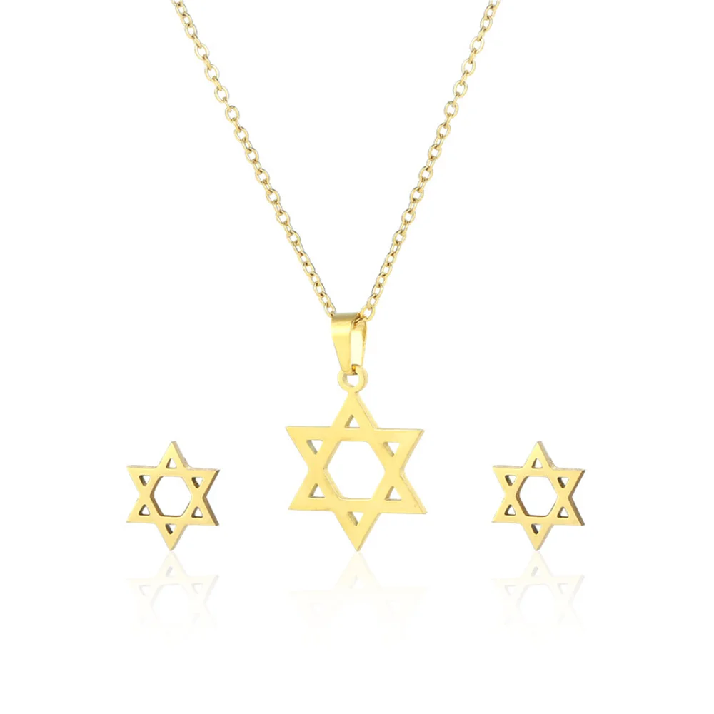 Small Star of David Pendant Gold Color Stainless Steel Hexagram Amulet Necklace Earrings Sets for Women Jewish Jewelry Gift