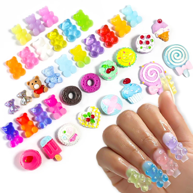 10Pcs/Lot Kawaii Jelly Gummy Bear Nail Art Charms Flower Sweet Mixed Candy 3D Nails Art Decoration Charms Luxury DIY Accessories