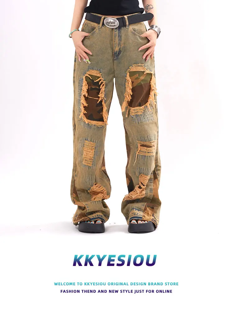 

Джинсы KKyesiou в американском ретро-стиле, камуфляжные, с высокой талией, прямые, оверсайз, потертые, повседневные, для мужчин и женщин