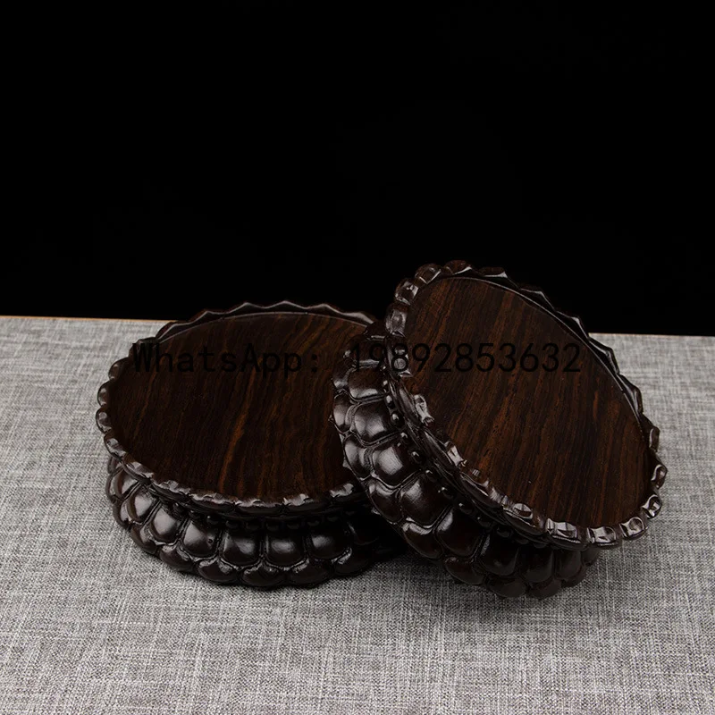 Ebony double-layer round lotus base vase, stone buddha statue, solid wood base, bodhisattva carving ornaments, classical light