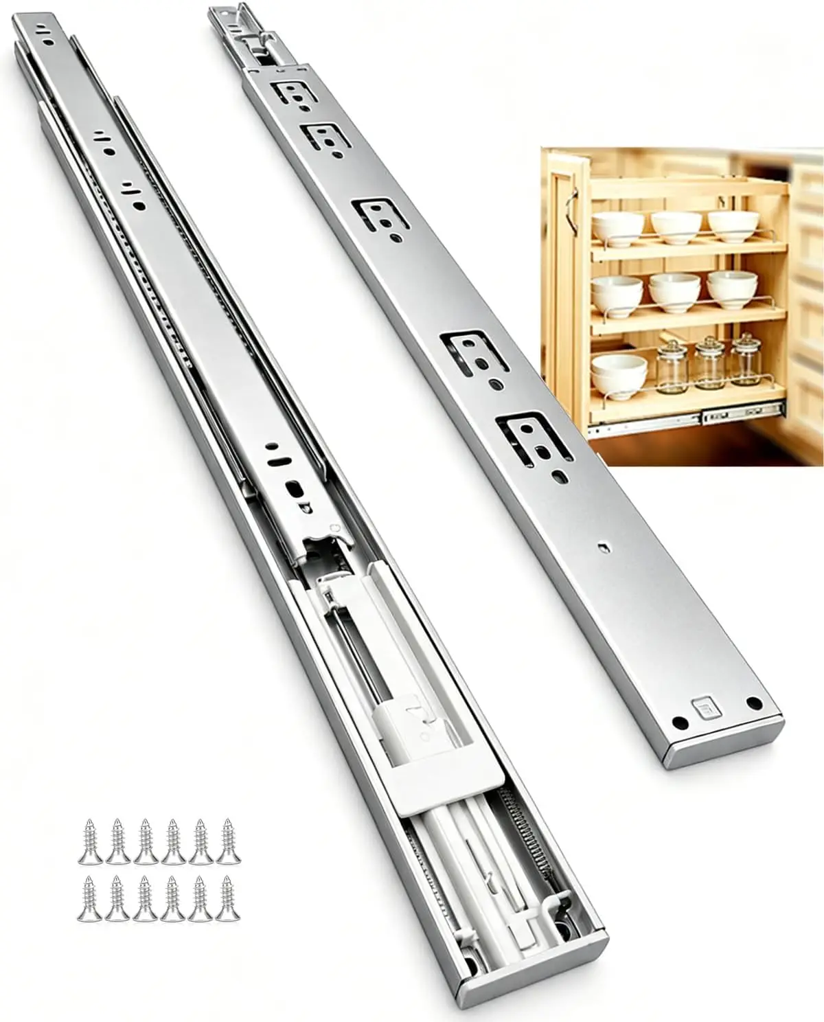 20 Inch Side Mount Soft Close Drawer Slides 3-Fold Full Extension Ball Bearing Hydraulic Rails Heavy Duty Self Closing Cabinet Drawer Glides Furniture Hardware, 15 Pairs
