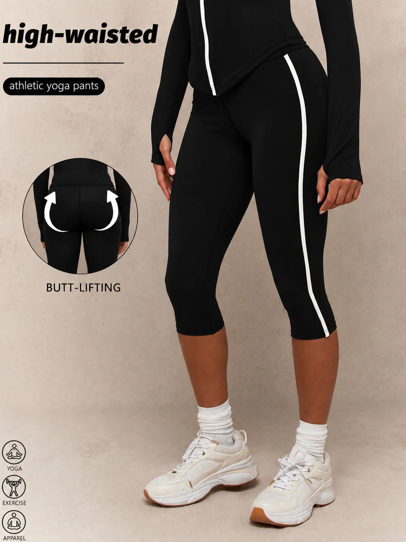 Damen Capri-Yoga-Leggings mit hoher Taille und Seitenstreifen, dehnbare, bauchkontrollierende, kurze Trainingshose für Fitness und Laufen