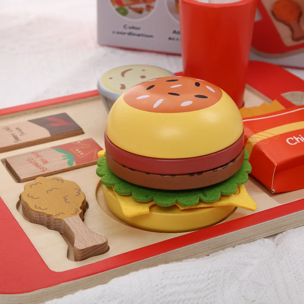 مجموعة مزيج برجر محاكاة خشبية لعبة التظاهر لعبة الطعام للأطفال المطبخ لعبة لعب الأدوار المحاكاة هدية للأطفال