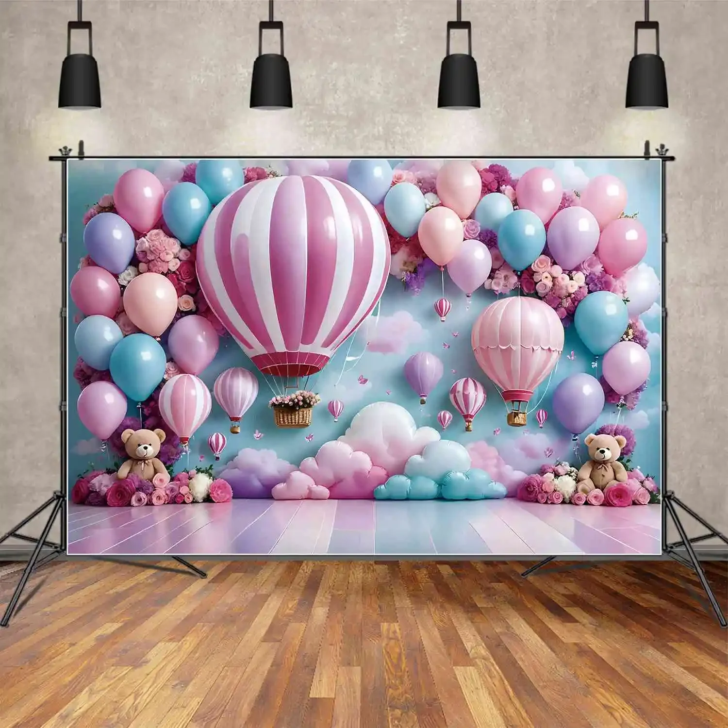 MOON.QG Backdrop Baby Shower Shooting Photography Props Background Hot Air Balloon Teddy Bear Happy Birthday Party Banner Decor