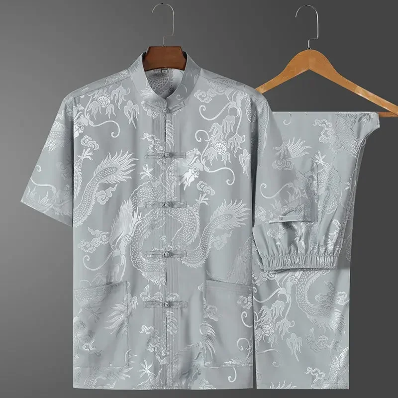 Setelan pakaian pria kerah berdiri Tiongkok, pakaian Hanfu Vintage Lengan Pendek, baju Cheongsam kancing tangan kasual Naga Kong Fu