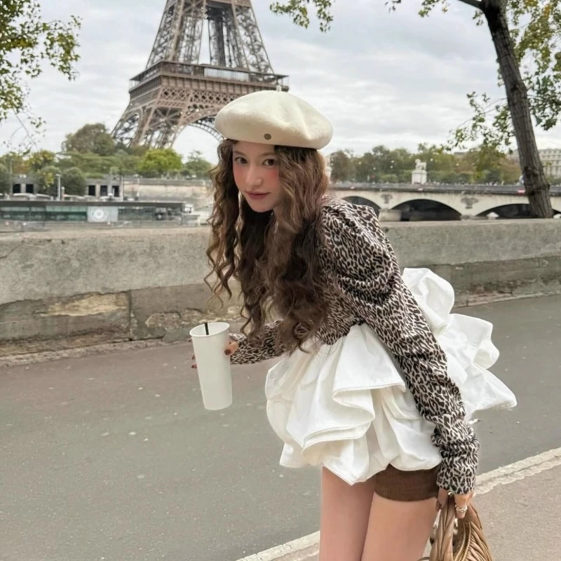 Leopardo impressão topos primavera 2025 outono estilo japonês doce moda feminina manga longa topo da menina plissado retalhos bud camisetas