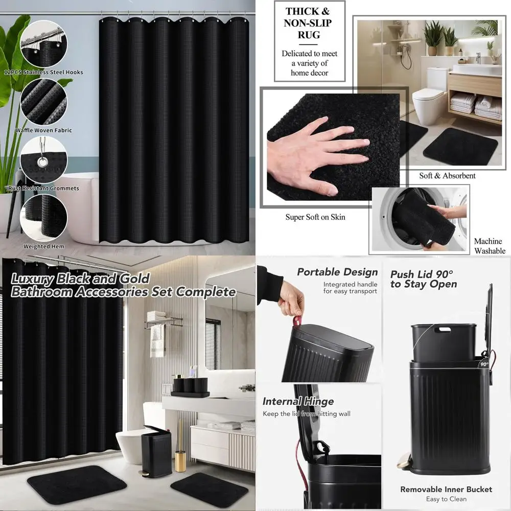 

9-Piece Black & Gold Bathroom Accessory Set: Includes Stainless Steel Trash Bin, Toilet Brush, Toothbrush Holder, Soap Dispenser