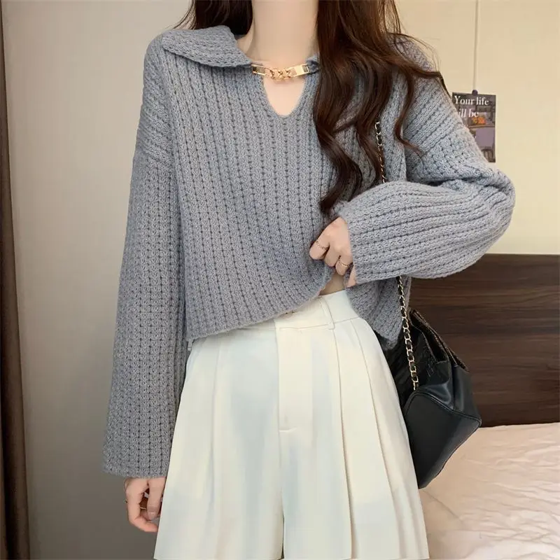 

Korean Lapel Short Sweaters Female Clothing Solid Color Loose Autumn Winter New Casual Stylish Chain Long Sleeve Knitted Jumpers