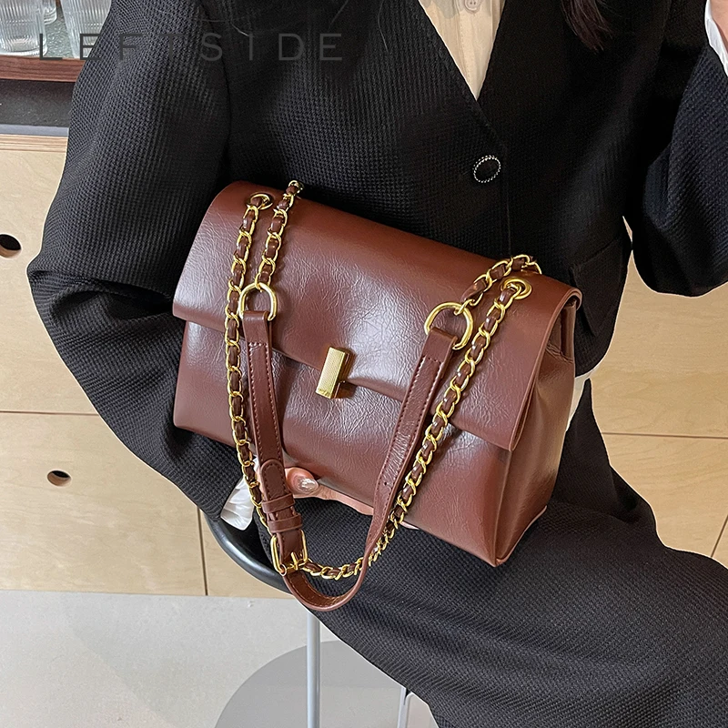 

LEFTSIDE Retro Pu Leather Flap Bags for Women 2024 Y2K Korean Fashion Female Chain Crossbody Bag Female Shoulder Bag Handbags