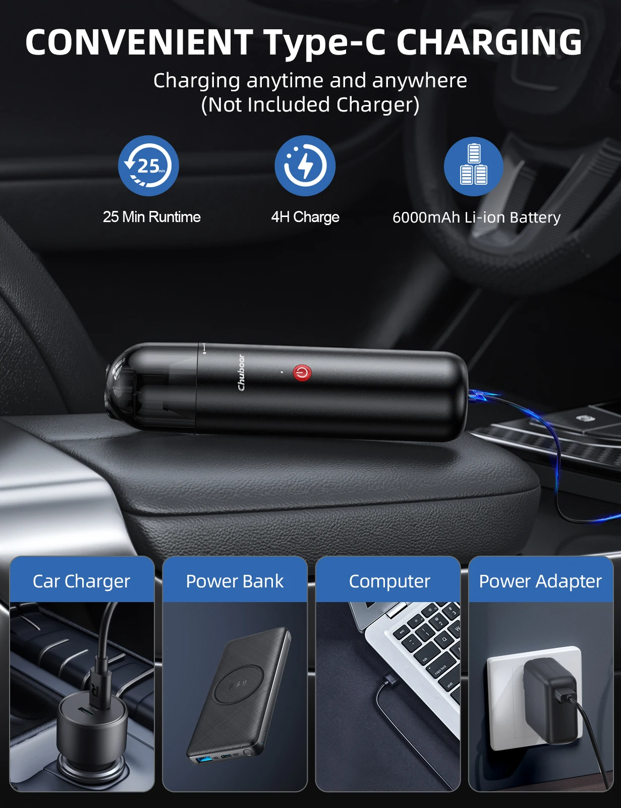 Chuboor Aspirador de coche inalámbrico True 7000Pa potente con Hepa limpia eficazmente el polvo, los restos adecuado para el coche y el hogar