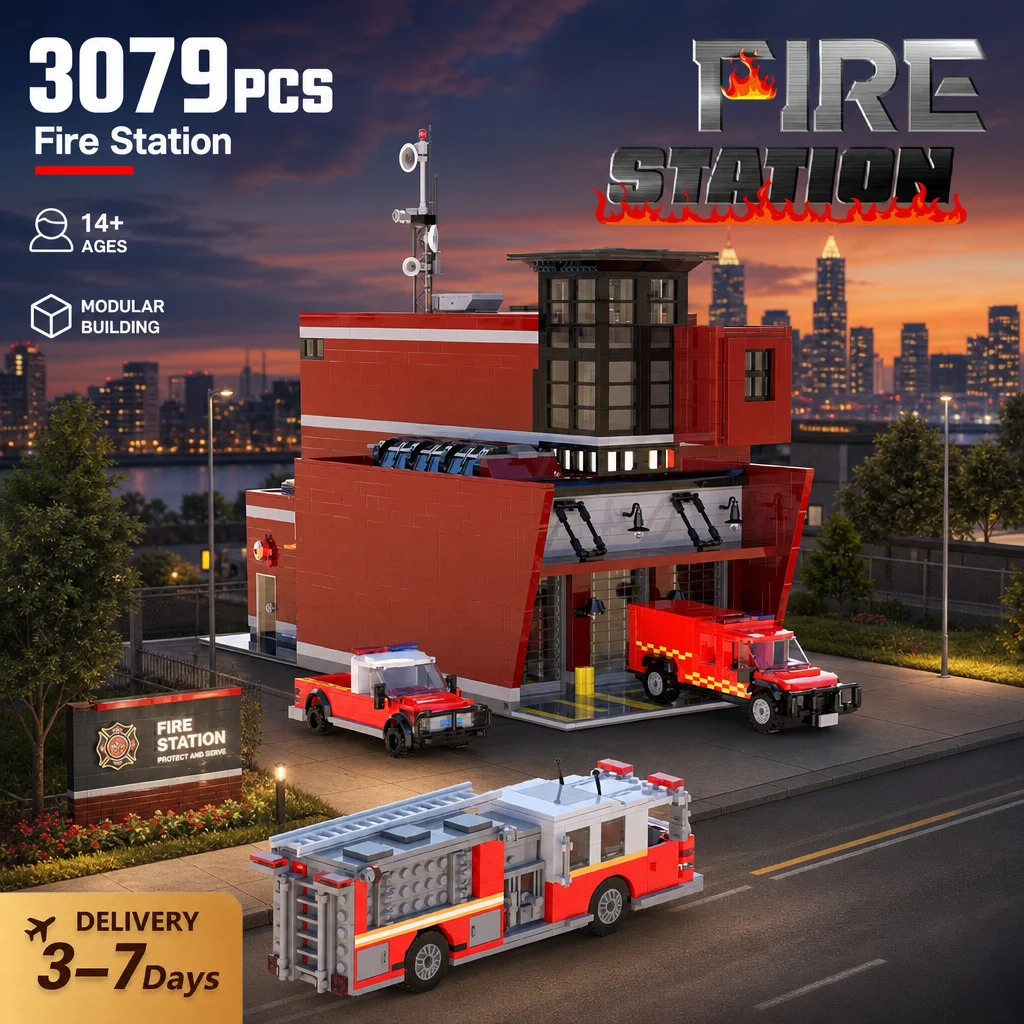 Feuerwehrstation Stadtansicht Bausteine-Set Stadtarchitektur Modulares Montagemodell Ziegelsteine Ornament Kreatives Spielzeug Geschenke für Erwachsene 3079 Teile