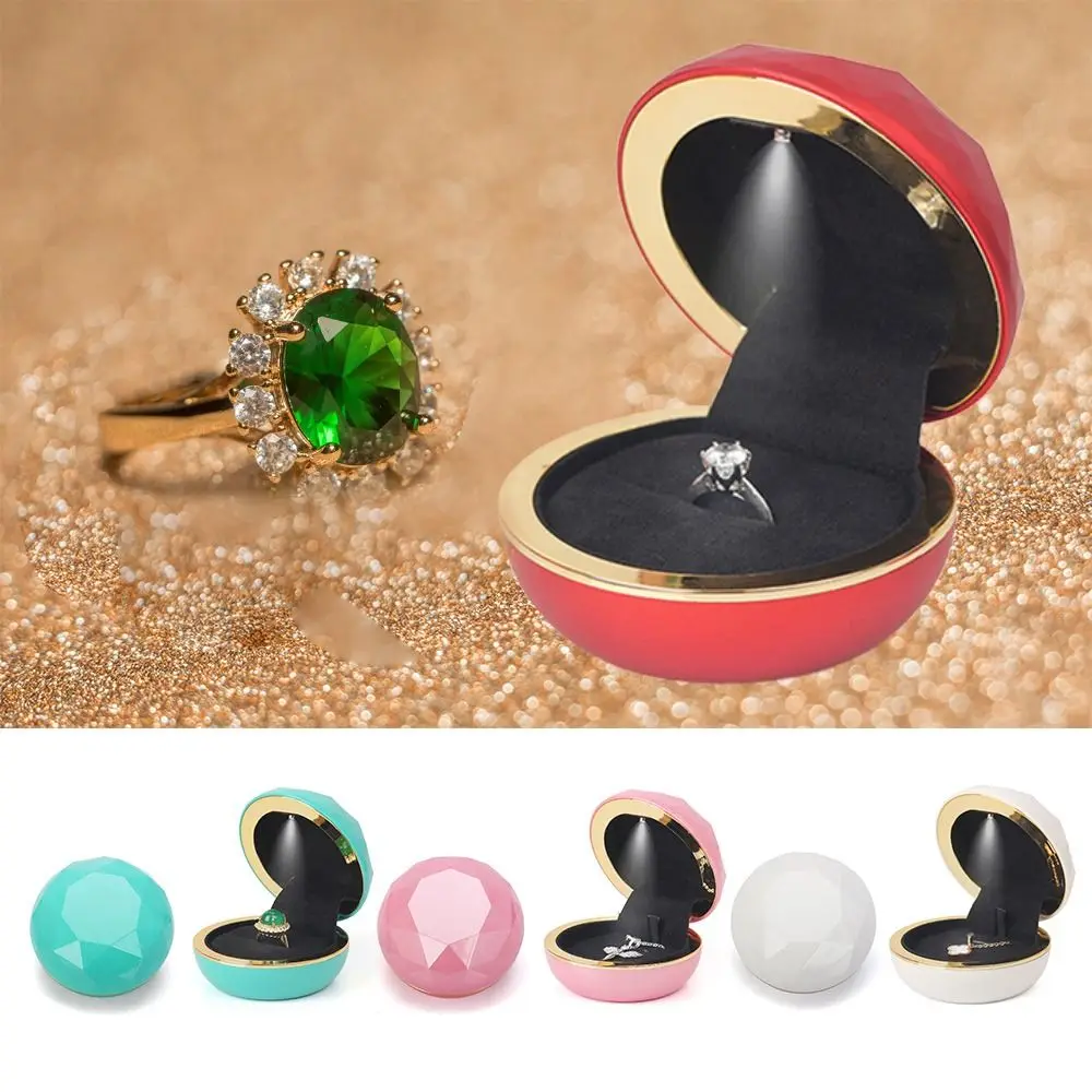 Round Jewelry Storage Box with LED Light Round Edge Earrings Ring Display Case Baking Paint Jewelry Packaging Box