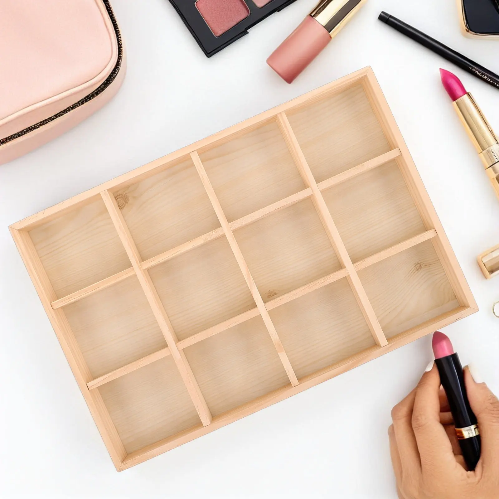 Wood Jewelry Storage Plate 12-Compartment Solid Wood Tray Natural Grain Surface for Necklace Ring Bracelet Earring Display
