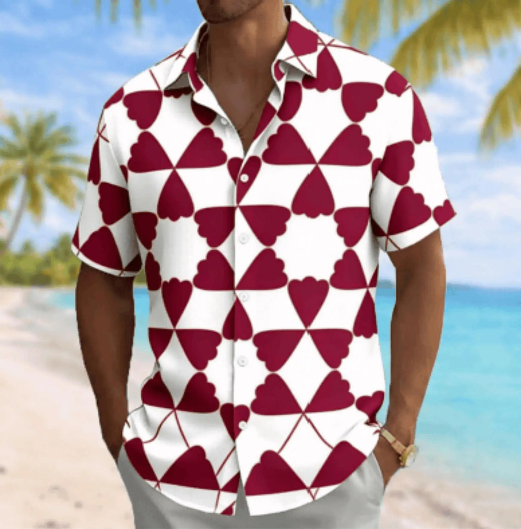 2026 Color Blocking Love Triangle Short Sleeved Flower Shirt, Retro Niche Geometric Design Men's Loose Collar Shirt
