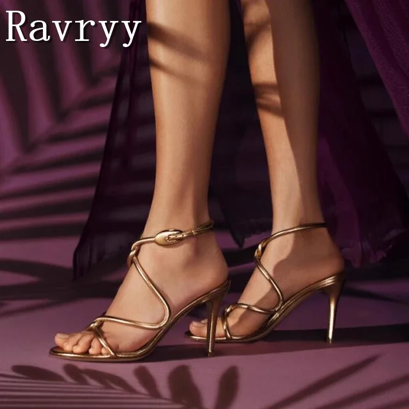 

Women Summer New Round Open Toe Sandals Cross Belt Metal Buckle Thin High Heels Elegant Ladies Party Dress Stilettos