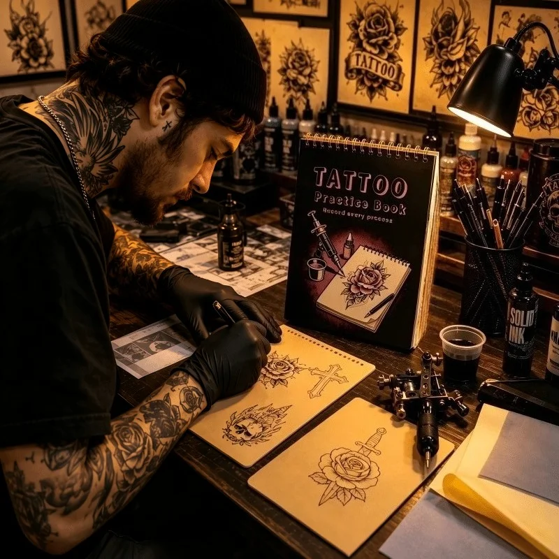 Tattoo Practice Skin Book Set with 2 Transfer Papers Pre Printed Designs for Beginners Starter Tattoo Supplies