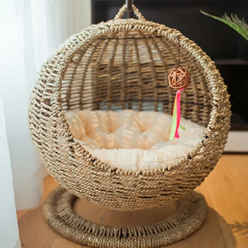 Sea Grass Hand Woven Semi Enclosed Pet Cat Cage Round Scratch Resistant Hanging Basket Rattan Woven Summer Cat Hammock