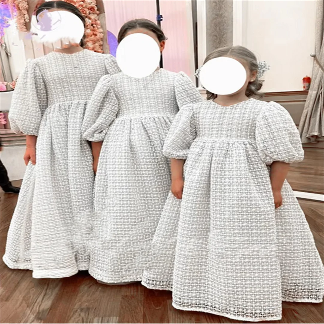 Ivory Milk Lace O-neck Flower Girl Dress For Wedding Puffy Lattern Half Sleeves Princess Kids Birthday First Communion